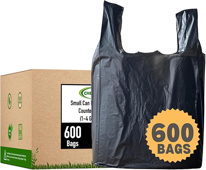T-shirt Biodegradable Black Plastic Bag (600 ct.) Small Can Liners Thank You Grocery Shooping Size Doggy Poop Bags Compatible with Arm & Hammer Swivel Bin & Rake pooper scooper Multipurpose Bags