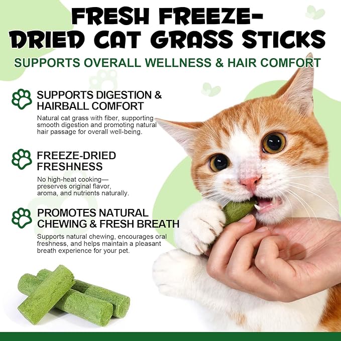 60g Cat Grass Stick, Freezed Dried Cat Grass Sticks Snacks for Teeth Cleaning and Hairball Removal, Natural Chicken Flavored