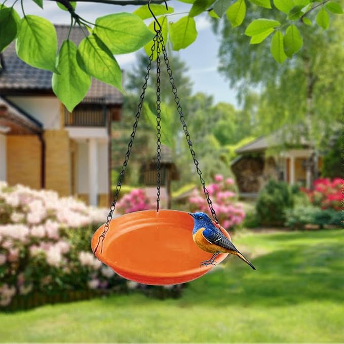 Hanging Bird Feeder and Waterer Tray Water Feeding Bowl Garden Decor with Chains Sturdy Birds Water Station for Backyard Yard, Brown Red
