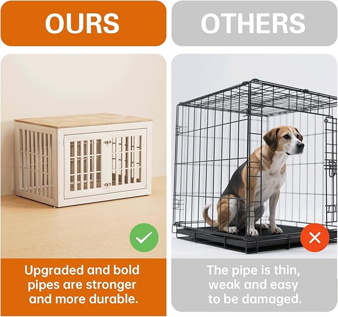 42" Heavy Duty Dog Crate Furniture for Small,Medium and Large Dogs,Rustic Wooden Dog Cage Kennel Indoor Furniture with Waterproof Top,Decorative Pet House Side End Table (White & Wood)
