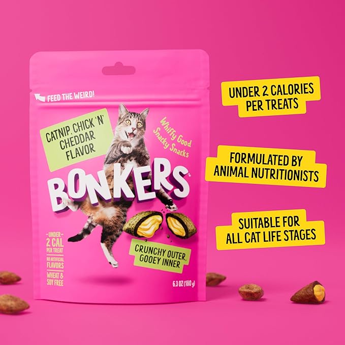 Bonkers Cat Bites, Crunchy & Soft Chick N' Cheddar Flavor Treats, Low Calorie, Training or Food Topper, 3 OZ Resealable Bag for All Breeds and Ages, Value Pack (10 Pack)