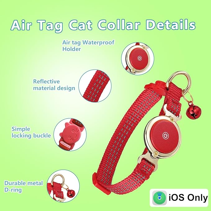 Air Tag Cat Collar, Waterproof Cat Air Tag Collar with Bell, Safety Breakaway Buckle Kitten Collars Tracker Finder for Cats, Kittens(9-13inch), Reflective Collars Work with Apple Find My(iOS Only)