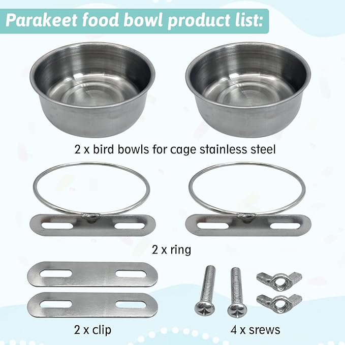 PINVNBY Stainless Steel Bird Bowl Parrot Food Water Bowls with Clamp Holder Bird Feeder Dish Cups Crate Bowls for Cockatiel Pigeons Conure Budgies African Greys (2PCS Screw Size: S)