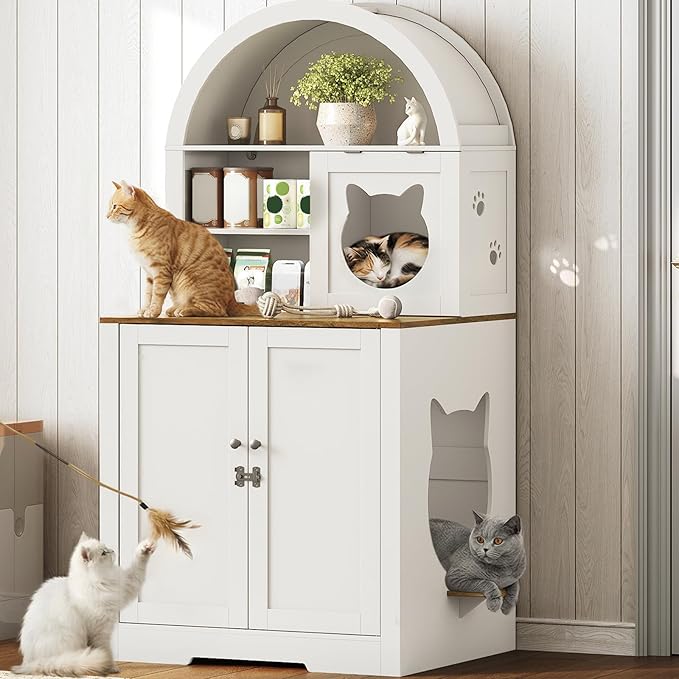 63" Large Cat Litter Box Enclosure Furniture, Arched Hidden Litter Box Cabinet with 3 Storage Shelves and Ventilation Holes, Wooden Cat House with Flip-Up Door, White and Natural