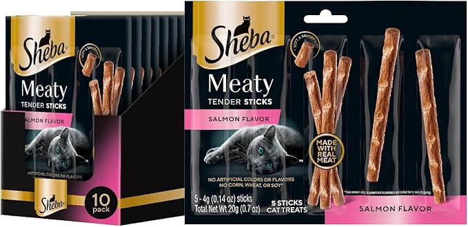 Sheba Meaty Tender Sticks Chicken Cat Treats, Salmon Flavor, Cat Snacks, 0.14 oz., 5 Count, Pack of 10 (50 Sticks Total)