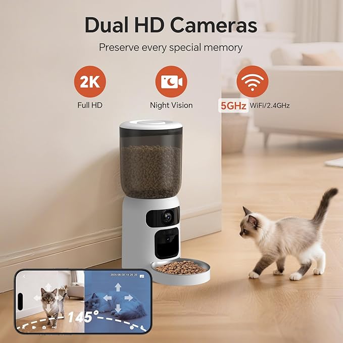 Automatic Cat Feeder with Dual 2K Camera, 5G WiFi with Night Vision, Cat Food Dispenser with App Controlled Pet Feeder, 2-Way Audio, Pet Feeder for Vacation & Work, Freshness Seal, Black