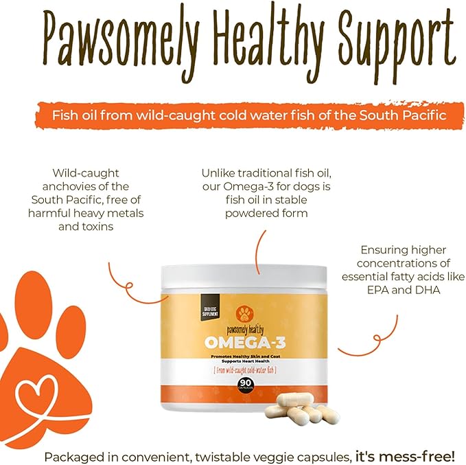 Pawsomely Healthy Omega-3 Fish Oil for Dogs – Wild Caught Anchovy Oil – High EPA & DHA – Supports Skin, Coat, Joints, Heart – Reduces Itching, Shedding, Allergies – Vet Approved – 90 Powder Capsules