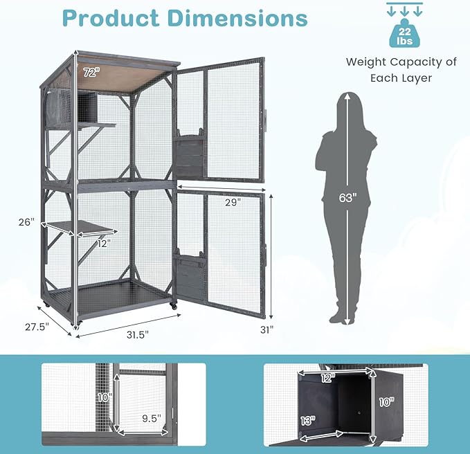 Tangkula Catio Outdoor Cat Enclosure, 72 Inch Wooden Cat House on Wheels with Resting Box, 2 Platforms & Weatherproof Asphalt Roof, Large Kitty Cat Condo Cage Playpen with Enter Doors & PP Layer