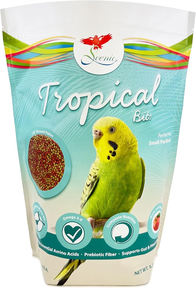 Scenic Tropical Bits Small Pet Bird Food - 1.75 lb Bag - 1/8" Bird Pellets - Complete Nutrition for Cockatiels, Budgies, Lovebirds, Conures & Lories