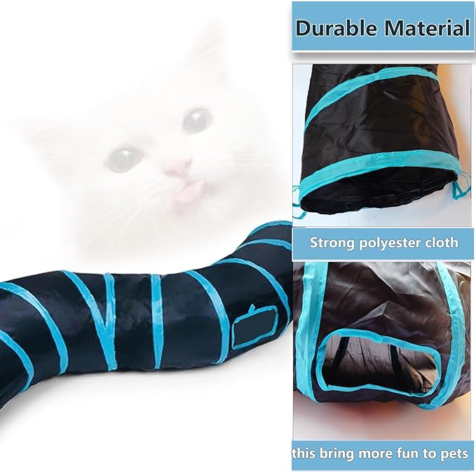 Cat Tunnel Tube Toys，Tunnels for Indoor Cats, S-Shape Blue Collapsible Interactive Toy with Balls for Rabbits, Kittens, Ferrets, Puppy