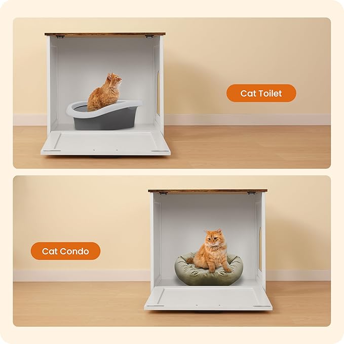 Dwanton Cat Litter Box Furniture Hidden, Cat Litter Box Enclosure, Reversible Entrance Can Be on Left or Right Side, Indoor Cabinet, Wooden Washroom, End Table, White and Rustic Brown, 23.6" L