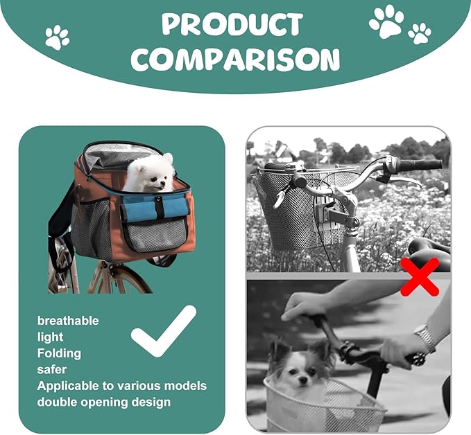Dog Bike Basket, 12.5" L x 11.4" W x 15.3" H Bike Basket Front Dog Carrier, Bikes Baskets Front Dogs Carrier, Washable Liner for Travelling, Camping, Vet Appointments, Walks in The Park (Orange)