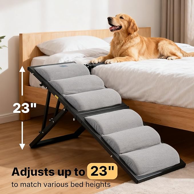 Veehoo Dog Ramp for Bed Couch Height Adjustable from 17" to 23", Foldable Stairs for Dogs to Get on Bed 17" Extra Wide, Portable Pet Doggie Steps Indoor with Non Slip Pad, Support up to 150 lbs