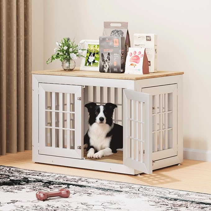 38" Heavy Duty Dog Crate Furniture for Small,Medium and Large Dogs,Rustic Wooden Dog Cage Kennel Indoor Furniture with Waterproof Top,Decorative Pet House Side End Table (White & Wood)