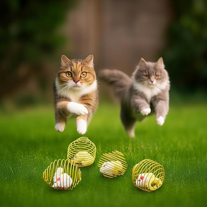 Jecery 5 Pcs Cat Spring Balls Toys Stretchable Rolling Balls Colorful Playful Coils Interactive Action Toy Caged Rats for Kitten Pet Supplies (Yellow Mouse,Yellow)