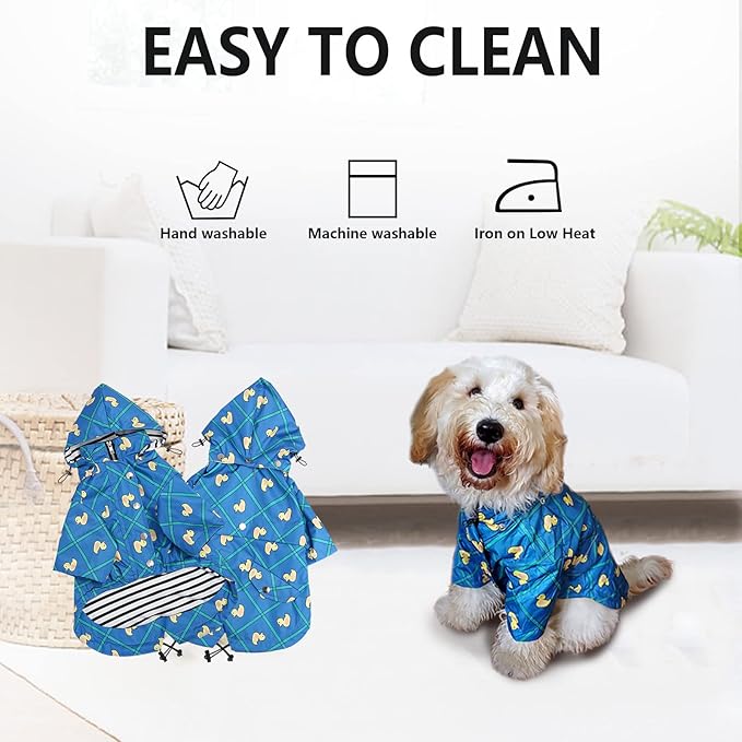 Morezi Dog Zip Up Raincoat with Reflective Buttons, Rain/Water Resistant, Adjustable Drawstring, Removable Hood, Raincoats with Legs 8lbs to 80lbs Available - Grid Blue - XXL