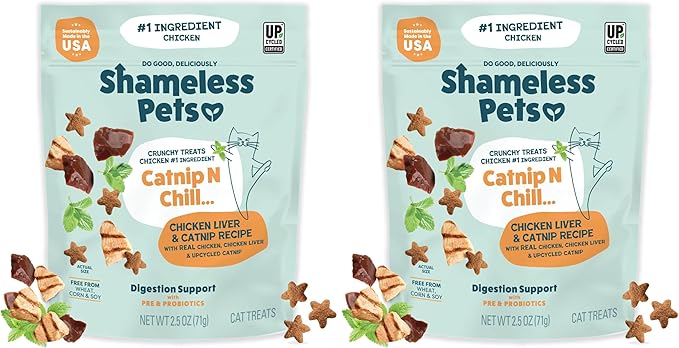 Shameless Pets Crunchy Cat Treats - Catnip Treats for Cats with Digestive Support, Kitten Treats with Real Ingredients, Natural & Healthy Flavored Feline Snacks - Catnip N Chill Chicken Liver, 1-pk