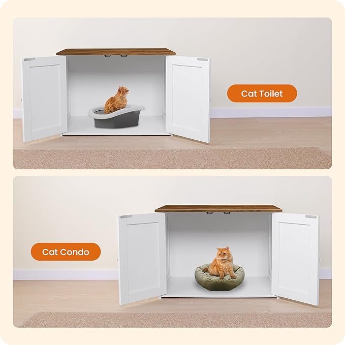 Dwanton Litter Box Enclosure, Cat Litter Box Furniture Hidden, Reversible Entrance Can Be on Left or Right Side, Wooden Cat Washroom Indoor, White and Warm Brown, 27.6 Inches