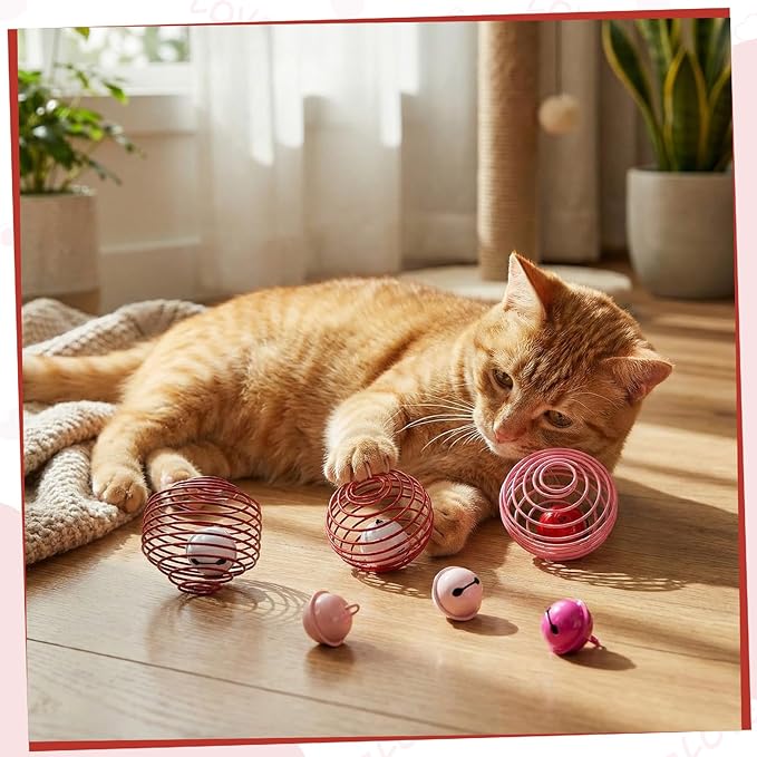 Jecery 5 Pcs Cat Spring Balls Toys Stretchable Rolling Balls Colorful Playful Coils Interactive Action Toy Caged Rats for Kitten Pet Supplies (Bell,Pink Red)