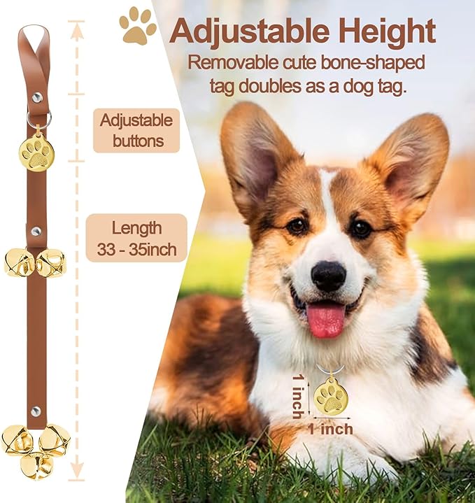 Leather Dog Bells, Puppy Potty Training Bell Dog Doorbell Potty Train Dog Bell for Potty Training Door Bells for Dogs to Ring to Go Outside Jingle Bells (Leather Brown, Round Paw 1 PCS)