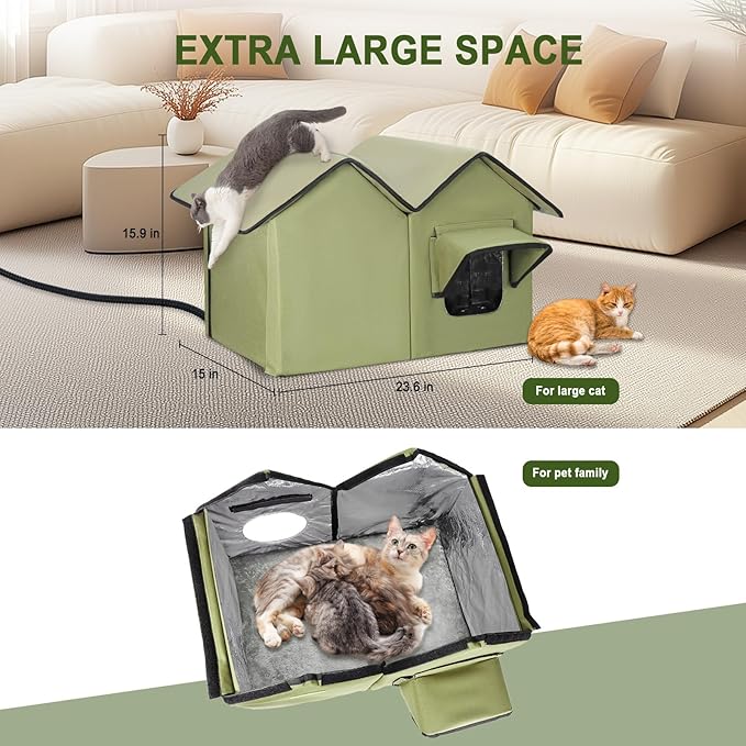 Large Heated Cat House for Outside in Winter, Elevated Waterproof Cat House for Outdoor Cats with Heating Pad, Insulated Heated Outdoor Cat House Weatherproof for Stray Cats Small Dogs (Green)