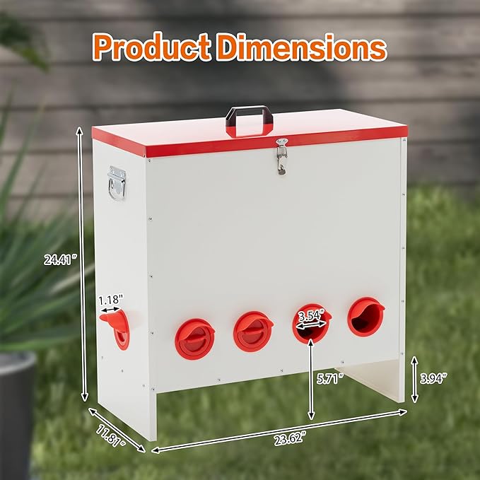 Metal Chicken Feeder Large Capacity Automatic, 10-Ports Weather-Resistant & Animal-Proof Poultry Feeder for Chickens, Geese, Ducks, Turkeys, Quails