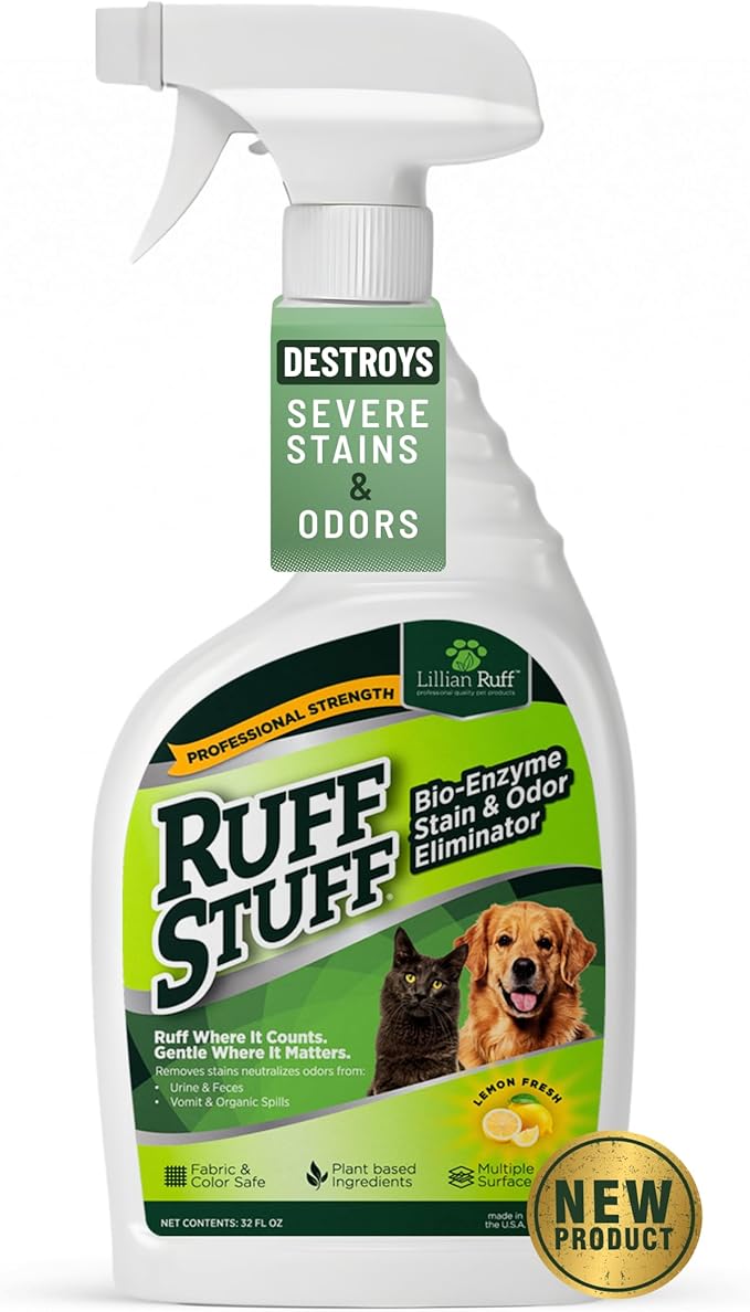 RUFF STUFF Max Strength BioEnzyme Stain Remover Spray & Pet Odor Eliminator: Fabric-Safe Dog & Cat Urine Destroyer & Enzyme Cleaner for Odor & Stain Causing Messes, Spills & Everyday Accidents, 32oz