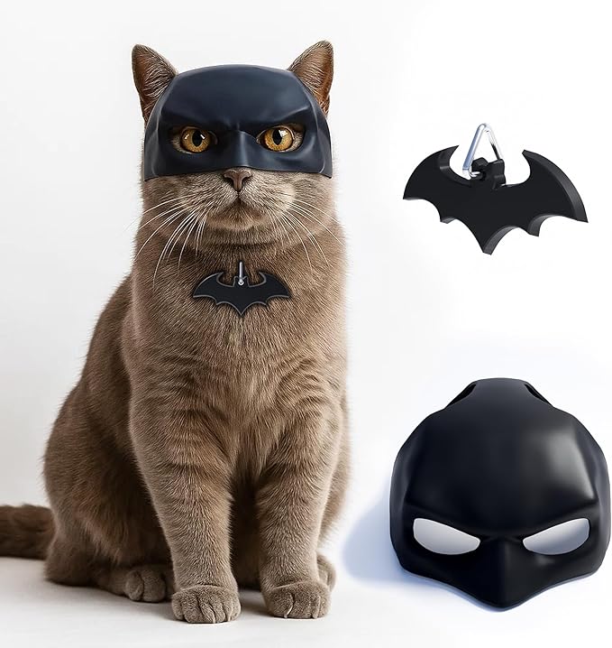 Bat Mask and Collar Badge Set, Funny Pet Costume Accessories for Indoor Cats, Superhero Outfit for Halloween, Cosplay, Photoshoots, and Gift for Pet Lovers (Medium)