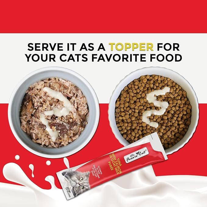 Fussie Cat Premium Tuna with Salmon in Goat Milk Puree, lickable cat Treats, 0.5oz Pouch Pack of 4