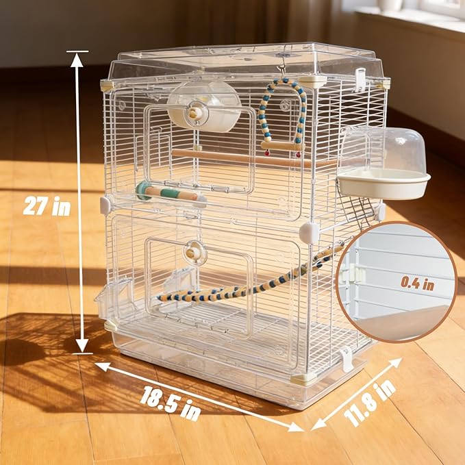 8-in-1 Clear View Bird Cage - Double Layer Small Birdcage with Common Accessories, Indoor & Travel Bird Carrier for Canary, Parakeet, Parrot, Budgies, Cockatiels, 18 * 12 * 27in