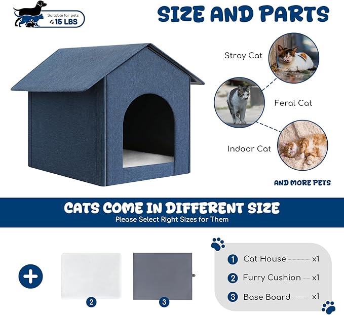 Outdoor Cat House Weatherproof, Insulated Cat Dog Houses for Outdoor/Indoor Cats for Winter, Waterproof Feral Stray Cat Shelter with Warm Cushion for All Seasons, Easy to Assemble, Navy Blue