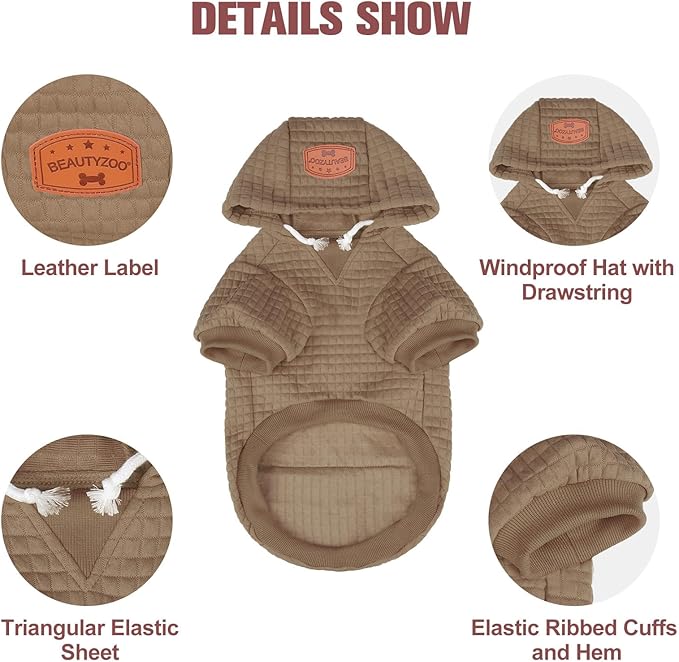 BEAUTYZOO Small Dog Hoodie Sweater with Pockets, Dog Clothes for Small Medium Dogs Boy Girl, Waffle-Like Laminated Cotton Pet Coats with Hat and Leash Hole, Khaki SM