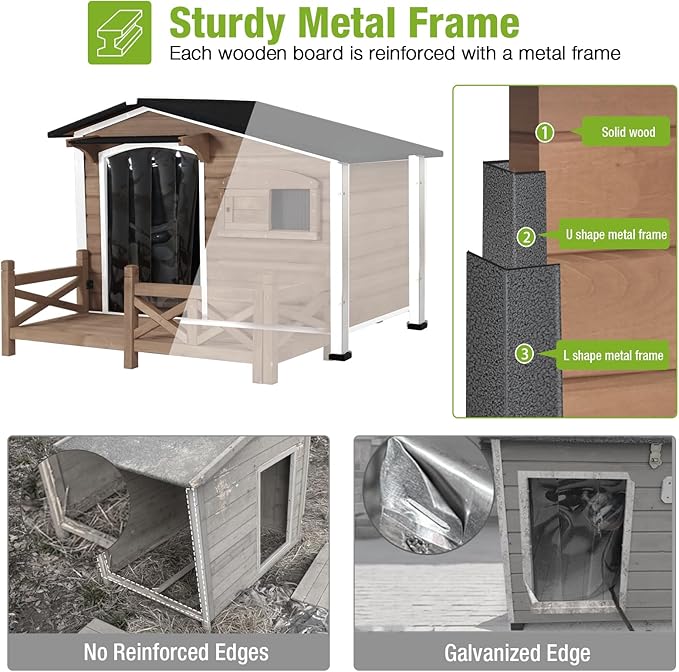 GUTINNEEN 44.6" L Large Heated Dog House Outdoor Insulated Winter Dog Kennel with Thermostat-Controlled Heating Pad, Chew-Proof Metal Frame and 6-Sided Insulated Liner for Large Dogs, Brown