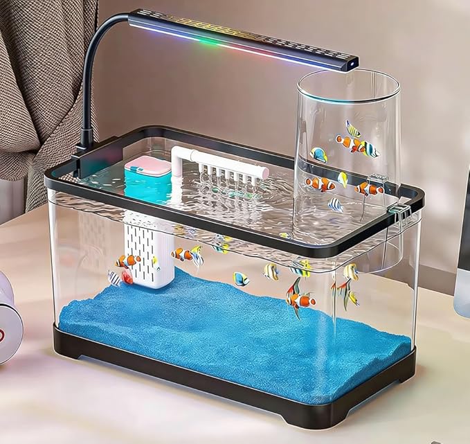 Negative Pressure Aquarium Fish Tank Kit, 3 Gallon Betta Fish Tank Starter Kit with Light and Filter, Blue Sand, Perfect for Small Fish, Shrimp, or Beta