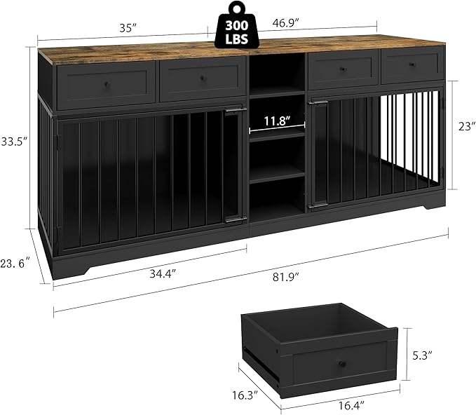GAOMON Dog Crate Furniture for 2 Dogs, 82'' Large Dog Kennel Indoor with 4 Storage Drawers and 4 Shelves, Double Dog Crate TV Stand for Medium and Large Dogs, Black