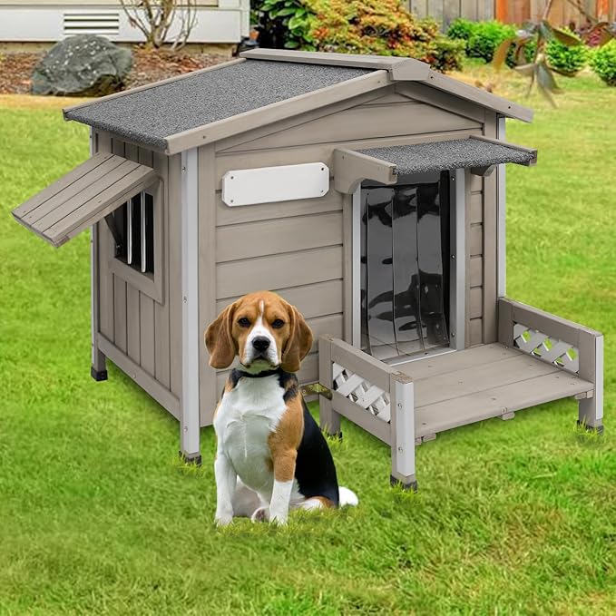Dog House Outdoor Weatherproof & Wooden Indoor Dog Kennel with Chew-Proof Iron Frame，Removable Floor, Recreational Steps and Adjustable Window, Easy Assembly(Gray,34" L × 28" W × 28" H)