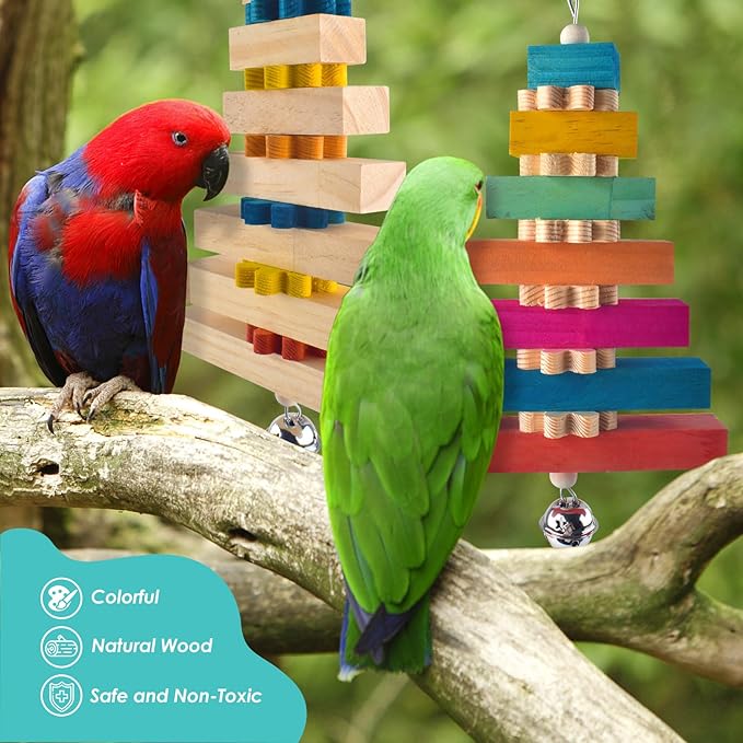 2 Pcs Bird Toys for Parrots, Colorful Natural Large Parrot Toy Hanging Chew Wood Block with Bell for Medium to Large Cockatiels, Eclectus, African Greys, Amazon, Cockatoo