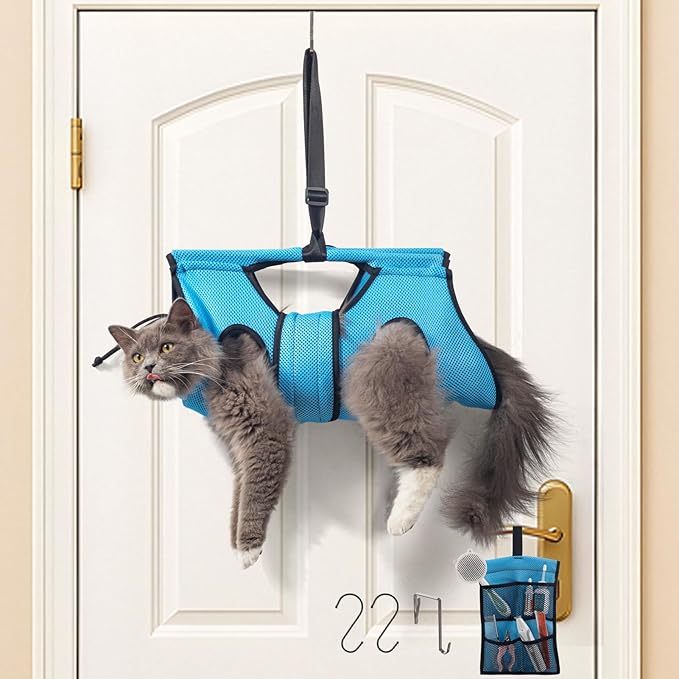 Pet Grooming Hammock for 5-11 lbs Pets, Door-Hook Hanging with Adjustable Height & Full Straps, Machine Washable with 1 Tool Bag Included Blue