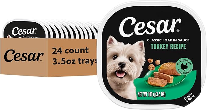 Cesar Classic Loaf in Sauce Adult Wet Dog Food Turkey Recipe, 3.5 oz. Easy Peel Trays, 24 Count (Pack of 1)