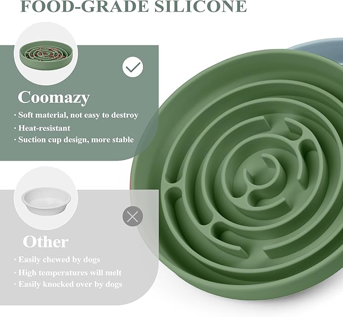 Coomazy Slow Feeder Dog Bowls, Silicone Dog Bowl with Suction Cups, Slow Feeder & Non-Slip Design, Boredom and Anxiety Reducer, Suitable for All Breed Dogs, Avocado Green