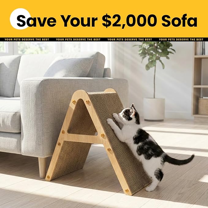 Cat Scratcher Cardboard with Wood Frame, 3-in-1 Vertical & Horizontal Scratching Pad, Reversible Cat Scratch Board, Durable Furniture Protector for Kittens & Small Cats