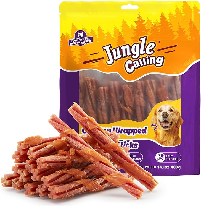Jungle Calling Beef Collagen Sticks, Long Lasting Dog Chews, Chicken Wrapped Treats, Rawhide Alternative for Small Medium Large Dogs, Dental Health, Beef Lung Flavored Bones,14.1 oz, About 22 Sticks
