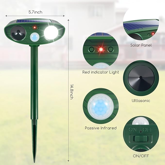 2026 Upgraded Cat Repellent Outdoor Ultrasonic with Strobe Light, Deer Squirrel Skunk Repellent for Yard,Motion Activated Animal Deterrent Devices- Keep Dogs Raccoons Rabbits Away from Garden Farm
