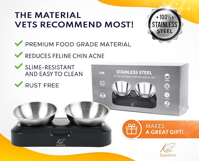 Cat Food Bowl - KATSUPREME Cat Bowls for Indoor Cats | Set of 2 Stainless Steel Bowl, Tilted Bowls Elevated Anti Vomiting, Non-Slip Base, Ant Proof Food & Water.
