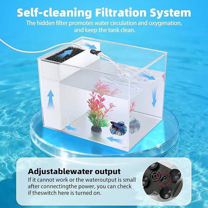 Small Fish Tank Betta 2.5 Gallon Desktop Aquarium Kit with LED Light and Water Pump & Black Filter Sponge & Bio Ball Filter Media Compact Aquarium for Betta Fish, Shrimp(Black