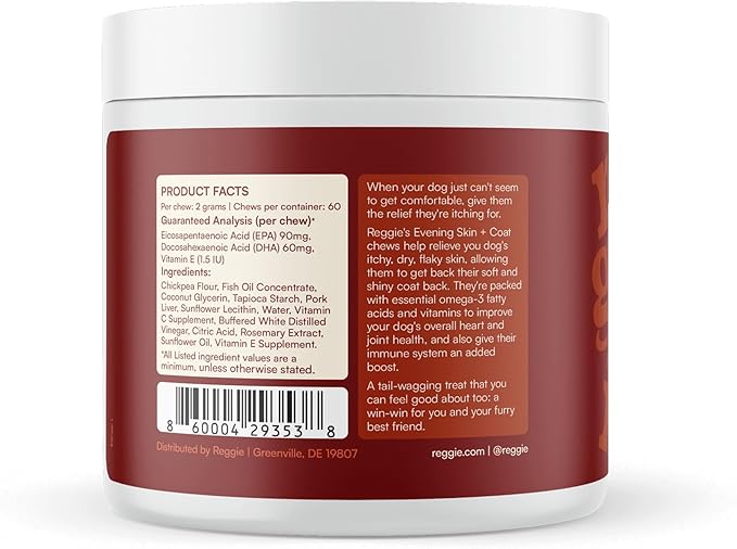 Reggie Skin & Coat Supplements for Dogs | Omega-3 Fish Oil & Vitamin E for Itchy Skin Relief, Shedding & Shiny Coat | Natural Dog Skin & Coat Chews | Vet-Approved & Made in USA | 60 Soft Chews