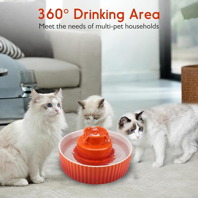 Ceramic Cat Water Fountain, 2.1L/71oz Cat Fountain with 3 Carbon Filters and 2 Water Pumps, Cupcake Pet Water Fountain for Cats and Dogs (Orange)
