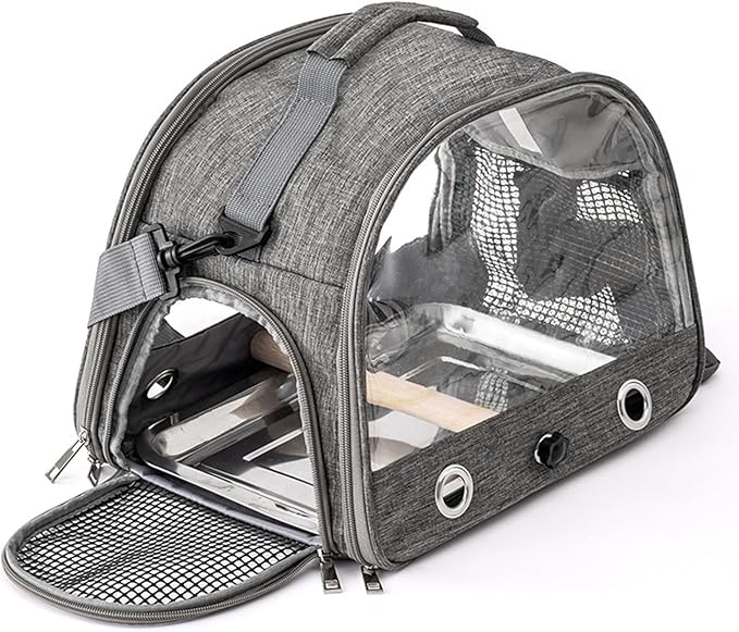 Portable Bird Cage Bird Carriers Foldable Panoramic View with Perch Removable Tray for Parrot Hamster Hedgehog Rabbit Sugar Glider (Grey)