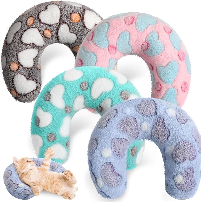 Sweetude 4 Pcs Pillows for Cats Puppy Bed Fluffy Pet Calming Soft Gifts Half Donut U Shaped Pet Neck Pillow Training Joint Relief Cervical Protection(Heart,Medium)