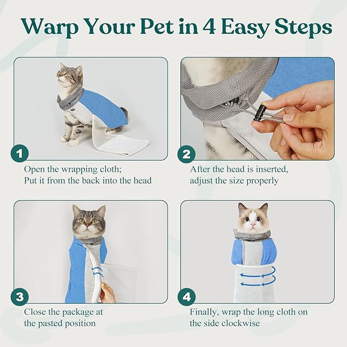 Supet Cat Grooming Wrap for Cutting Nails, Self-Adhesive Anti-Scratch Swaddle with Bite-Proof Mesh Hood & Thick Waist Strap Anti-Escape Bag for Nail Trimming, Medication, Ear Cleaning (Blue M)